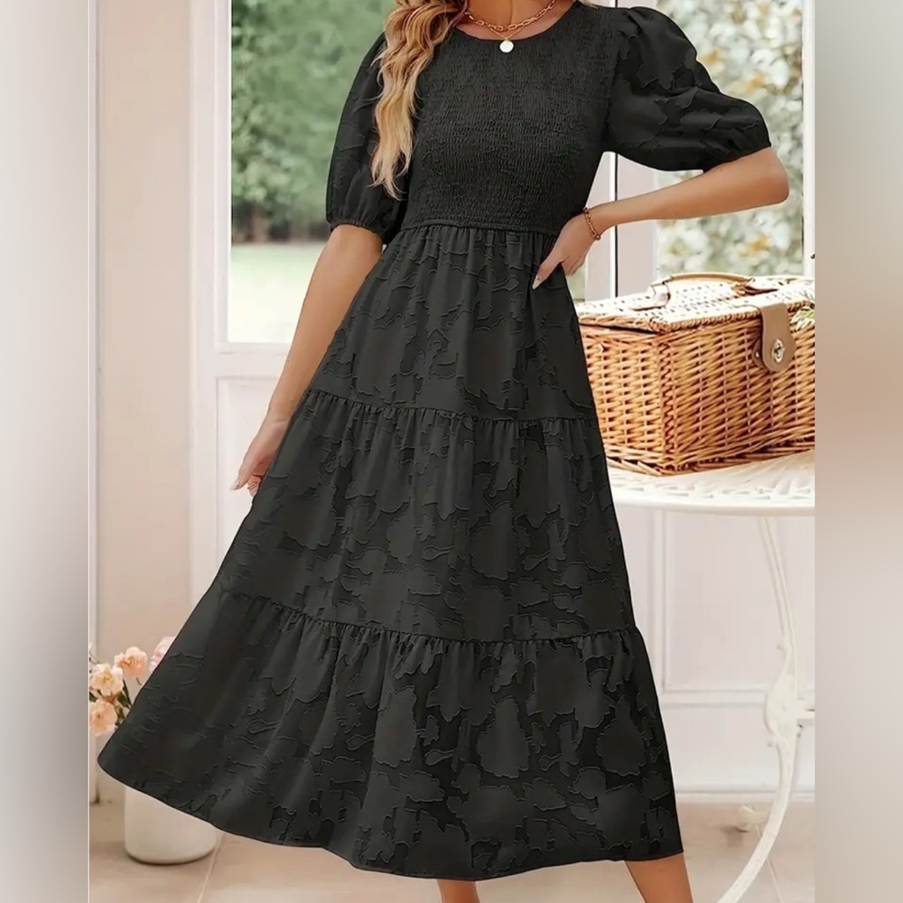 Black Floral Lace Midi Dress Puff Sleeve NWOT